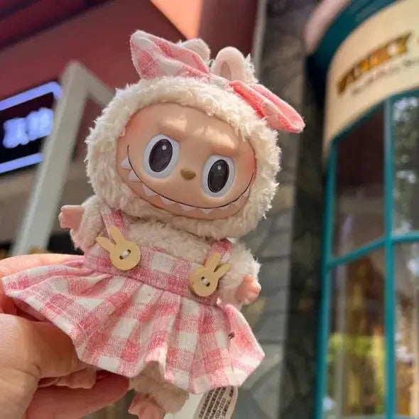 Handmade Labubu Pink and Green Plaid Dress with Bow