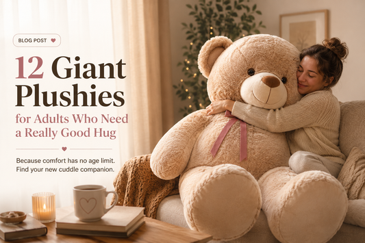 A woman hugging a giant 6ft teddy bear and banner which states "12 Giant Plushies for Adults Who Need a Really Good Hug"