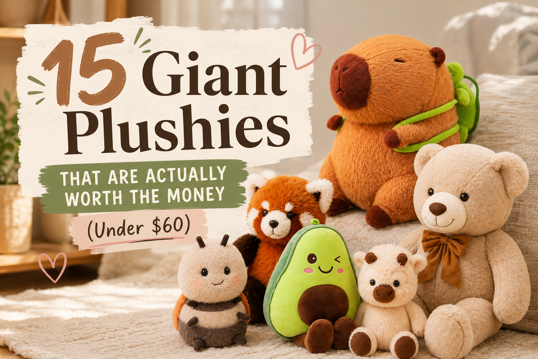 Collection of 15 trending giant plushies under $60 from Goodlifebean including giant teddy bear, capybara plushie, running plushies, and highland cow plushie