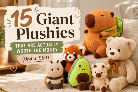 Collection of 15 trending giant plushies under $60 from Goodlifebean including giant teddy bear, capybara plushie, running plushies, and highland cow plushie