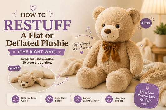 Before and after of a flat stuffed animal restuffed back to its full shape