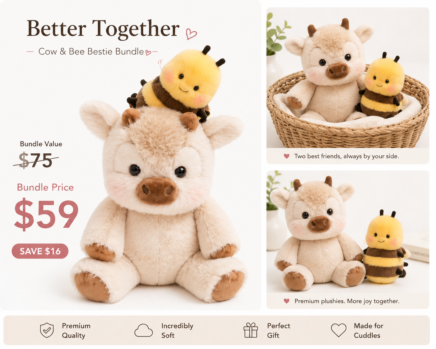 Apricot Cow Plushie+Bee Plushie Bundle
