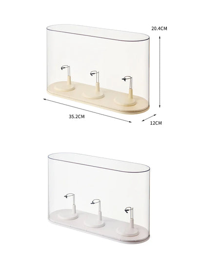Clear display case with dimensions on a white background