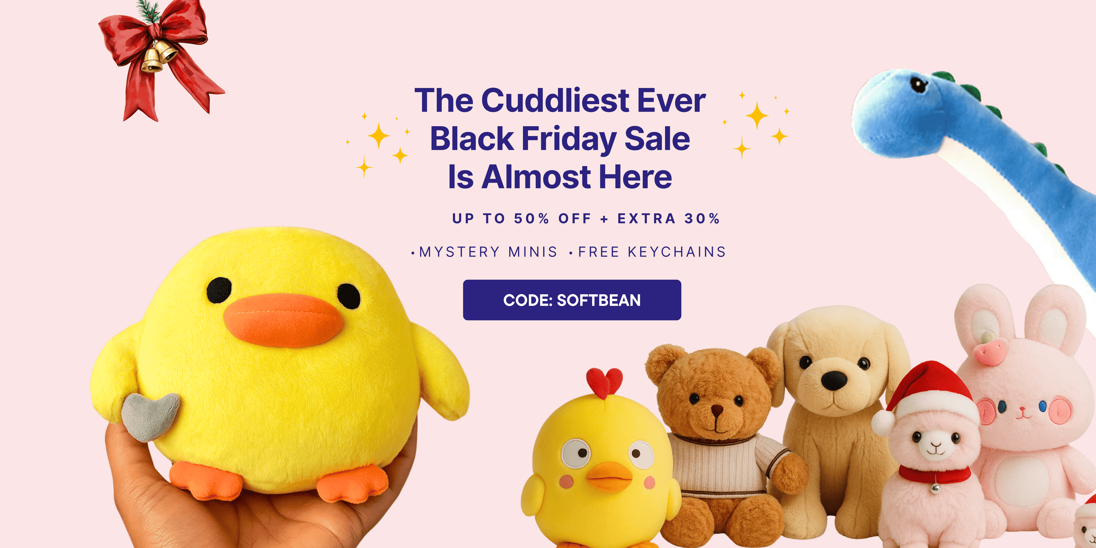 Promotional image for a Black Friday sale with plush toys and a discount code.