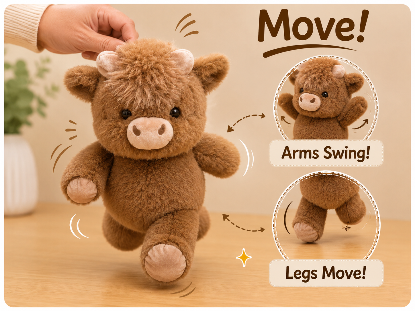 Running Plush toy with moving arms and legs on a wooden surface, with text indicating movement features.